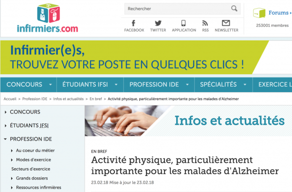 Activité physique, particulièrement importante pour les malades d’Alzheimer (Infirmiers.com – février 2018)
